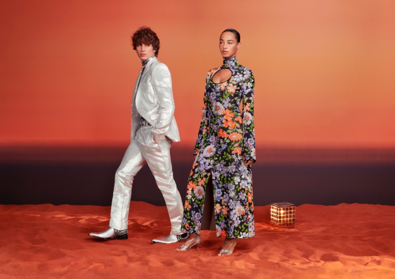 Making a splash in bold styles, Vinnie Hacker and Arnelle Slot star in the Rabanne H&M campaign. 