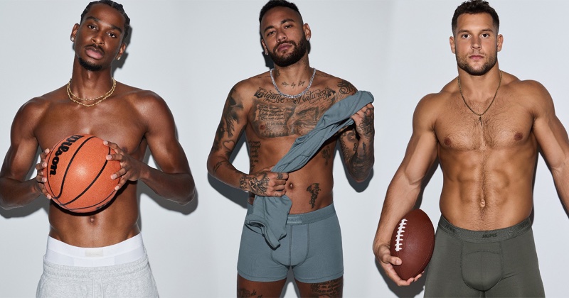 SKIMS launches its men's line with an advertisement featuring athletes Shai Gilgeous-Alexander, Neymar Jr., and Nick Bosa. 