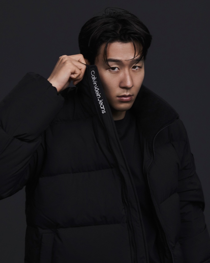 Son Heung-min rocks a Calvin Klein jeans puffer jacket.