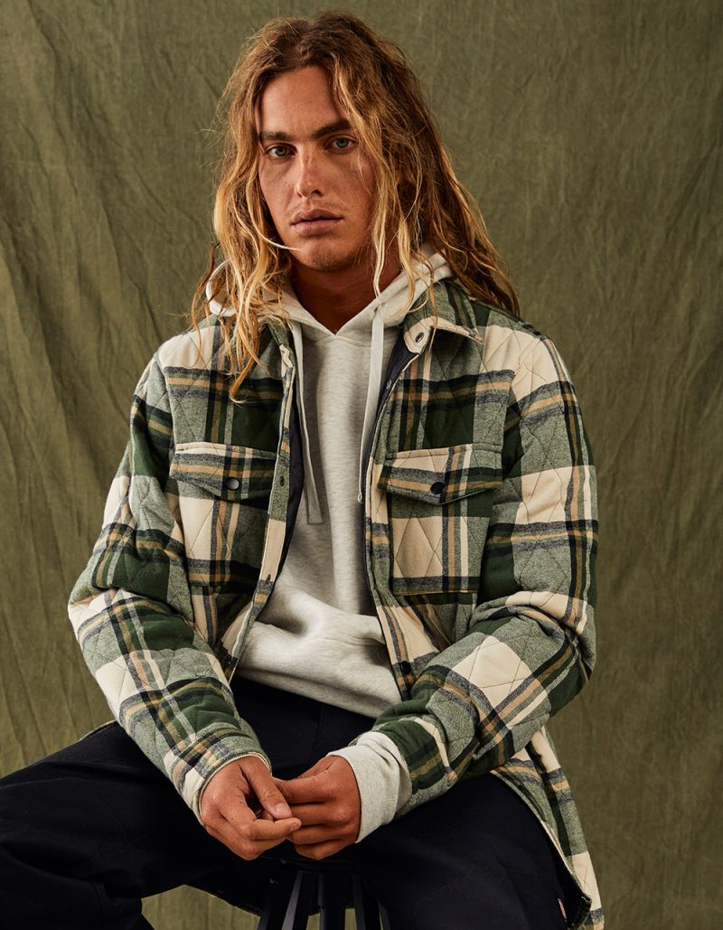 Mix neutral-colored layers, especially printed styles like flannel, for an effortless winter look.
