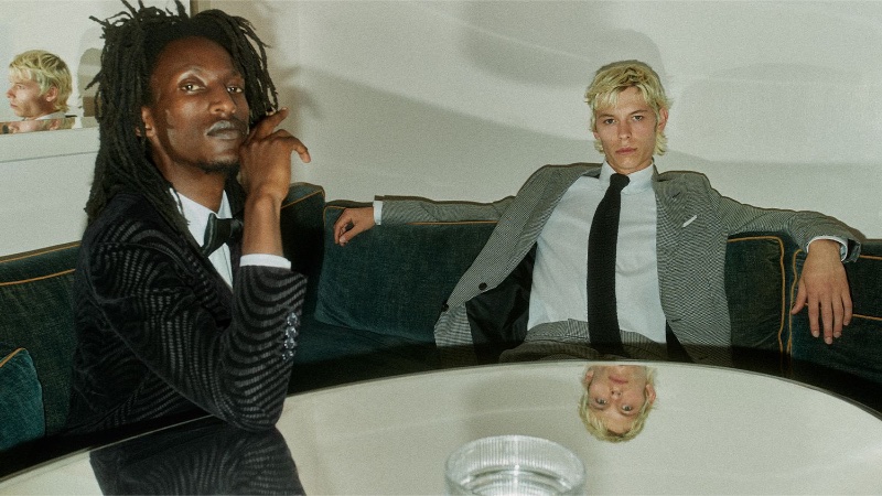 Models Eden Burundi and Finn Morgan-Murrell don Tom Ford tailoring for Mr Porter.