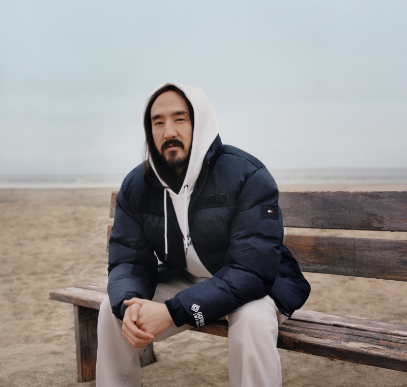 Steve Aoki sports the Tommy Hilfiger New York THProtect Puffer jacket.