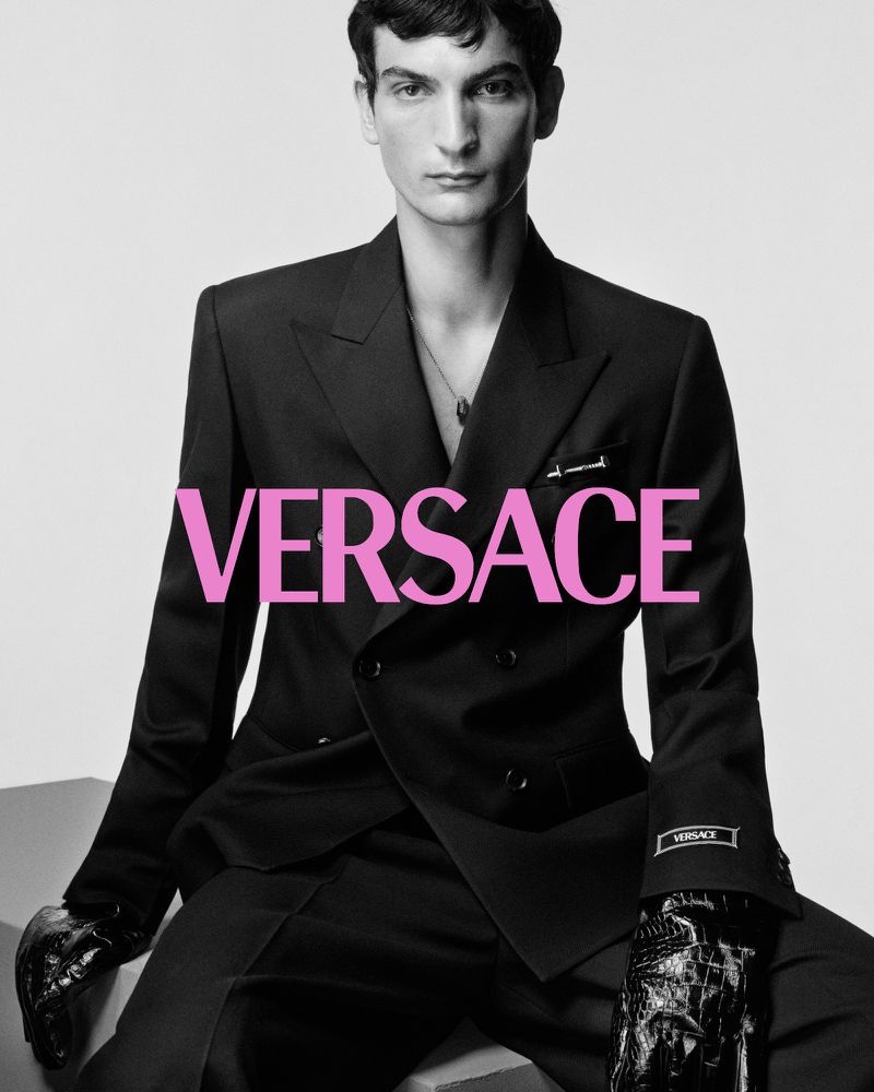 Model Luca Lemaire fronts Versace's fall-winter 2023 tailoring campaign.