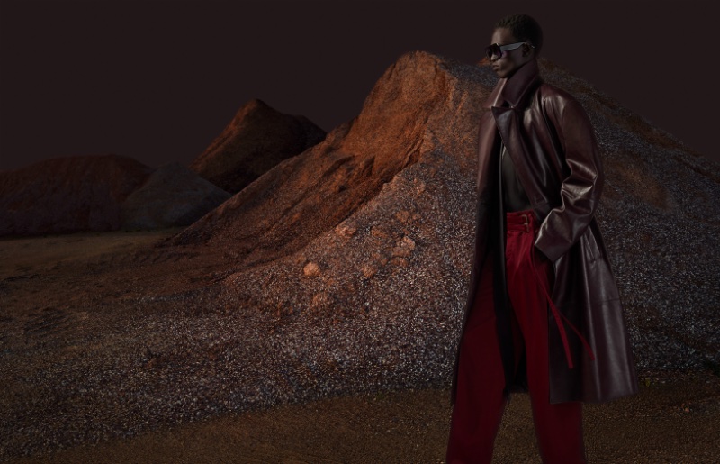 Sporting a brown leather coat, Mamuor Majeng fronts the Zara Studio fall-winter 2023 collection campaign. 