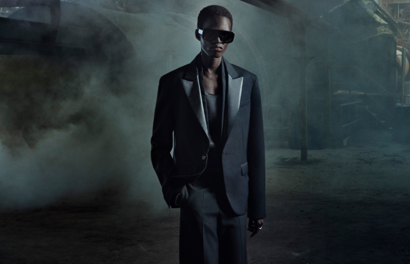 Dressed to impress, Mamuor Majeng wears a sharp tuxedo jacket for the Zara Studio fall-winter 2023 collection campaign.