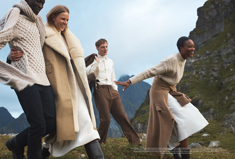 Joyful strides and festive vibes: Models revel in the holiday spirit, sporting Banana Republic's latest collection amidst a breathtaking mountainous landscape.