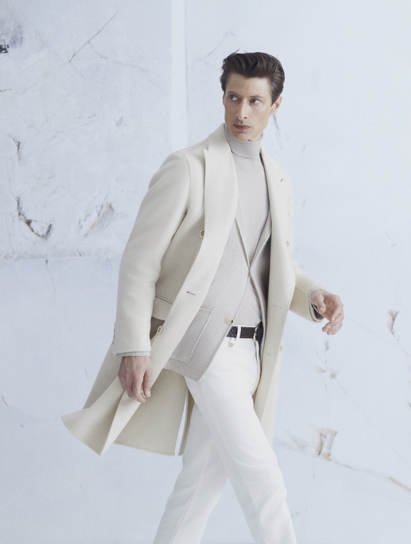 A sleek vision, Jonas Mason wears a monochromatic outfit from Brioni's Wintertime Capsule.