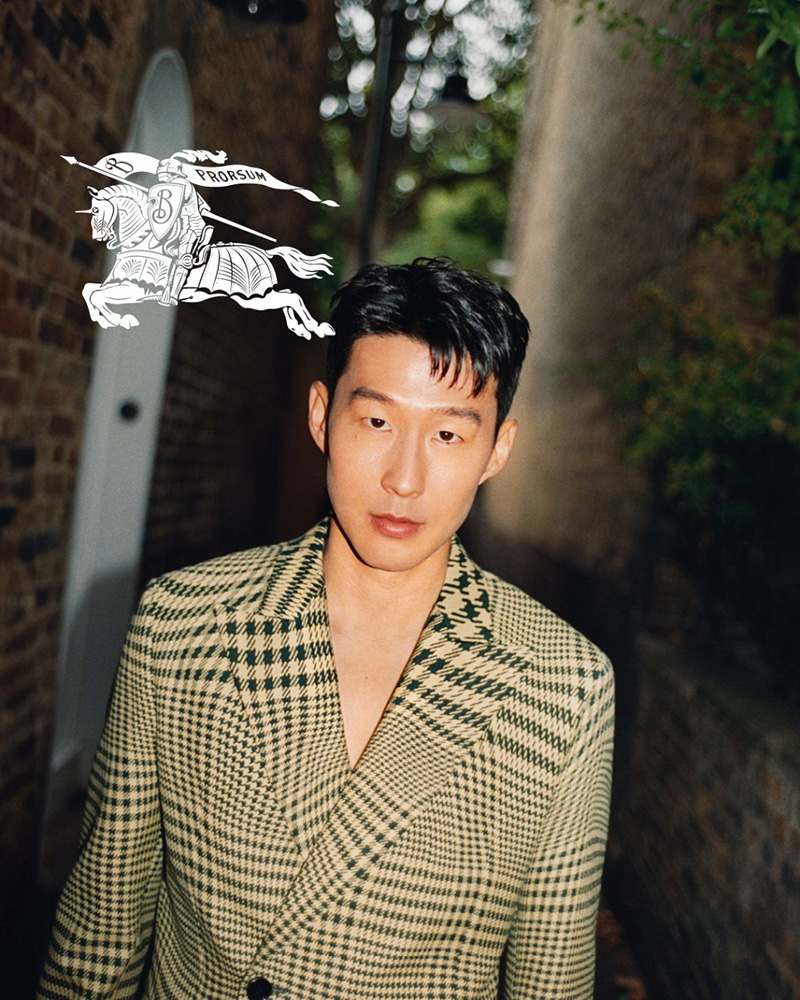 Son Heung-Min brings a suave elegance to Burberry's spring 2024 advertisement, looking dapper in a houndstooth coat.