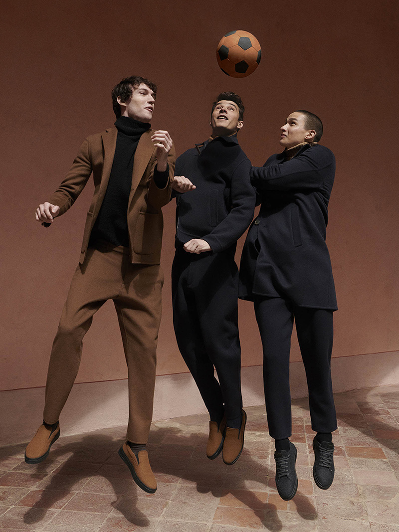 Models Jakob Zimny, Adrien Sahores, and Tommy Vanden Meerssche appear in Canali's fall 2023 campaign. 