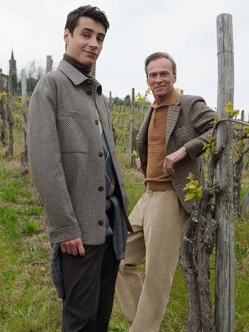 French model Adrien Sahores and his father appear in Canali's fall-winter 2023 campaign. 