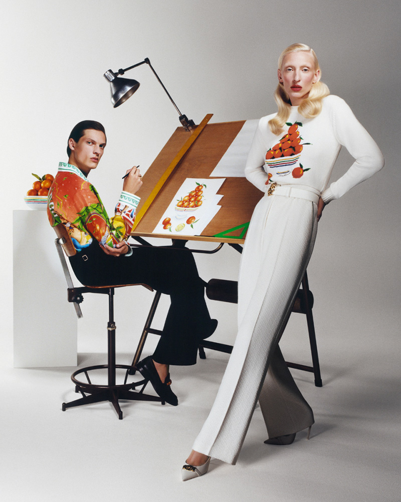 Valentin Caron, depicted in a vividly printed Casablanca jacket, poses as an artist in the pre-spring 2024 campaign, while Maggie Maurer stands as his muse.