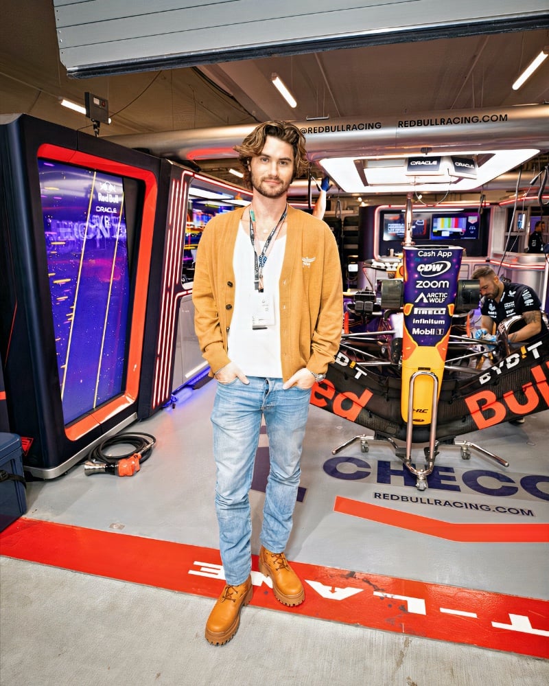 Chase Stokes wears MCM to the F1 Grand Prix of Las Vegas. 