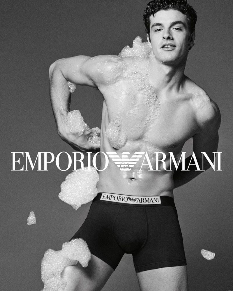 Francesco Ruggiero stars in Emporio Armani's fall-winter 2023 underwear campaign.