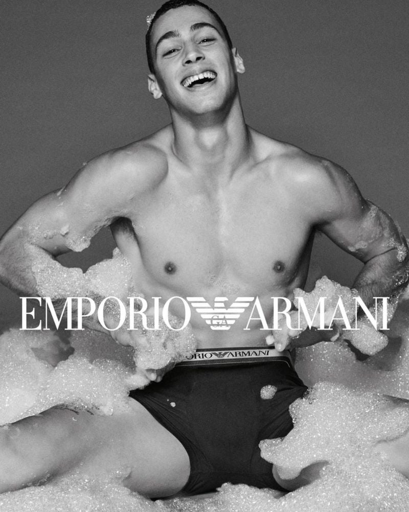 All smiles, Barak Shamir appears in Emporio Armani's fall-winter 2023 underwear campaign. 