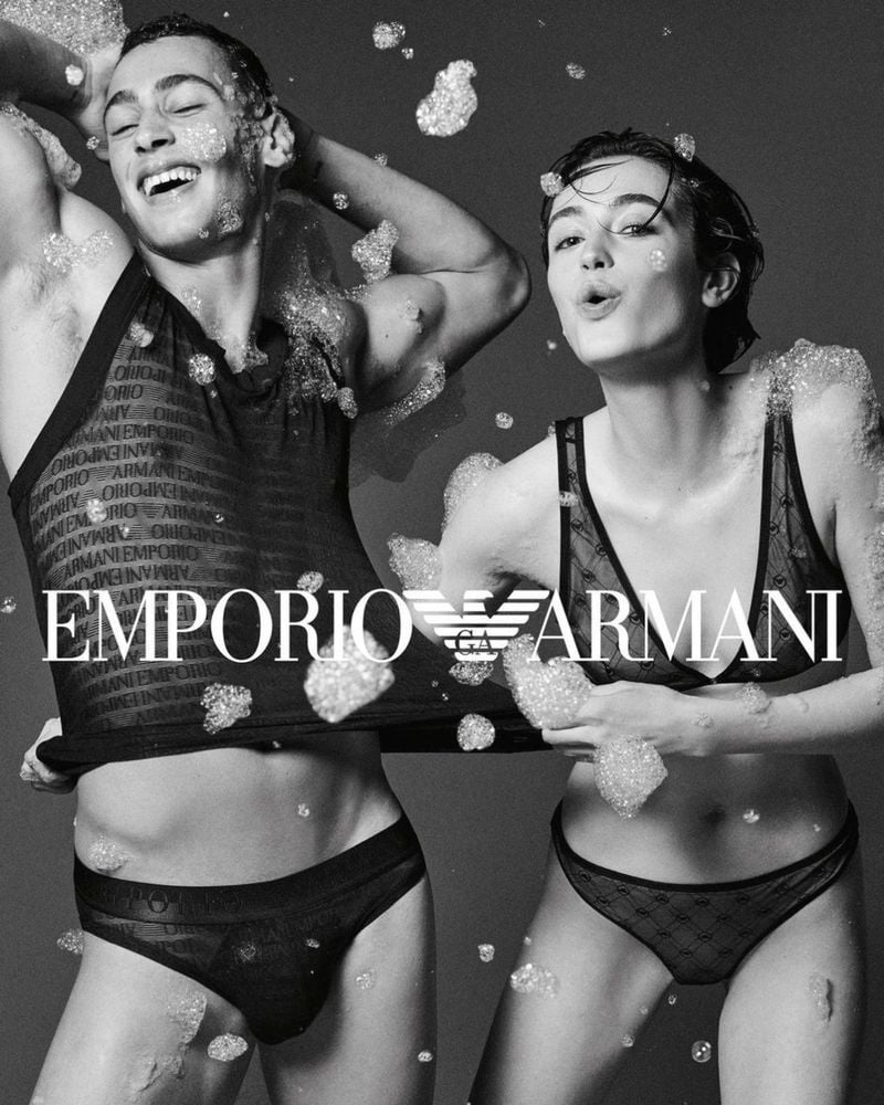 Models Barak Shamir and Kim Schell come together for Emporio Armani's fall-winter 2023 underwear campaign.