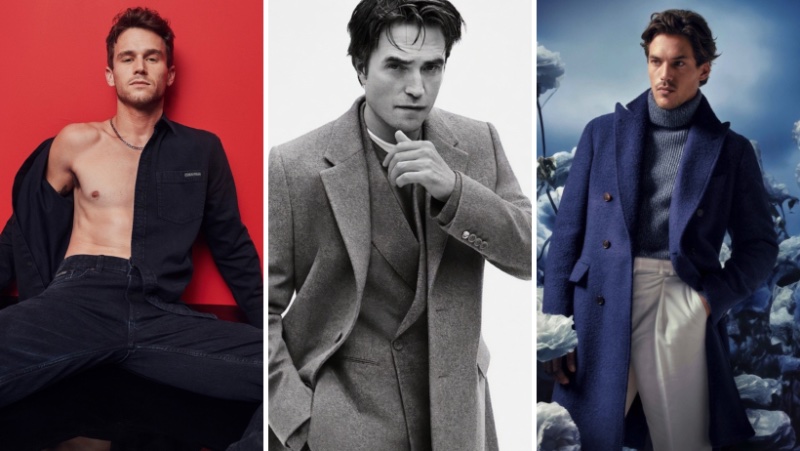 Brandon Flynn for Calvin Klein holiday 2023 campaign, Robert Pattinson by Alasdair McLellan for Dior Men New Icons advertisement, and Robin Decaux for Suitsupply.