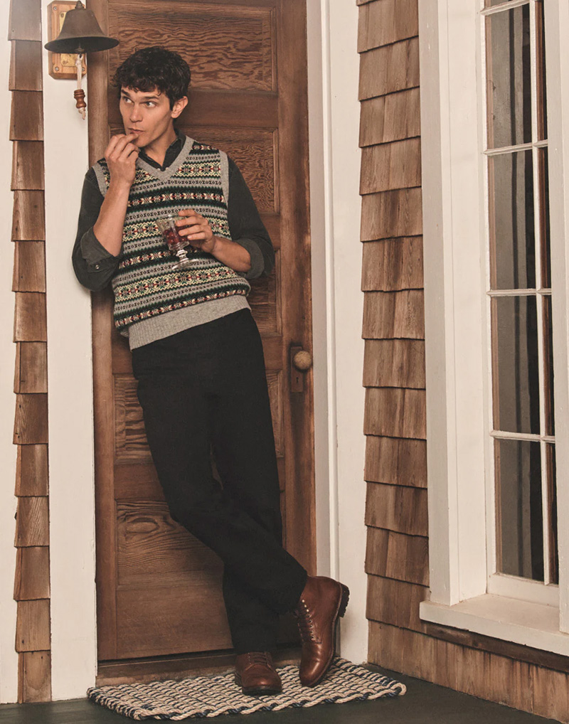 Vincent LaCrocq wears a lambswool Fair Isle sweater vest and Classic jeans.