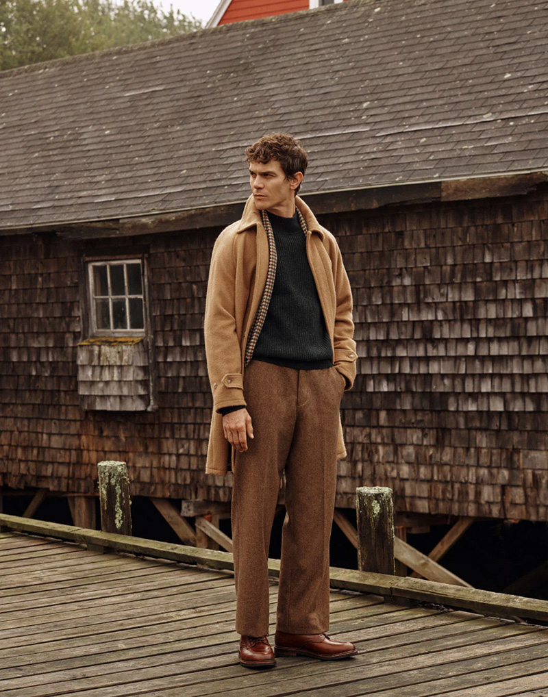 J.Crew enlists Vincent LaCrocq to model its latest menswear, with the leading star wearing its Ludlow English camel-hair car coat and Scottish lambswool flannel suit pants.