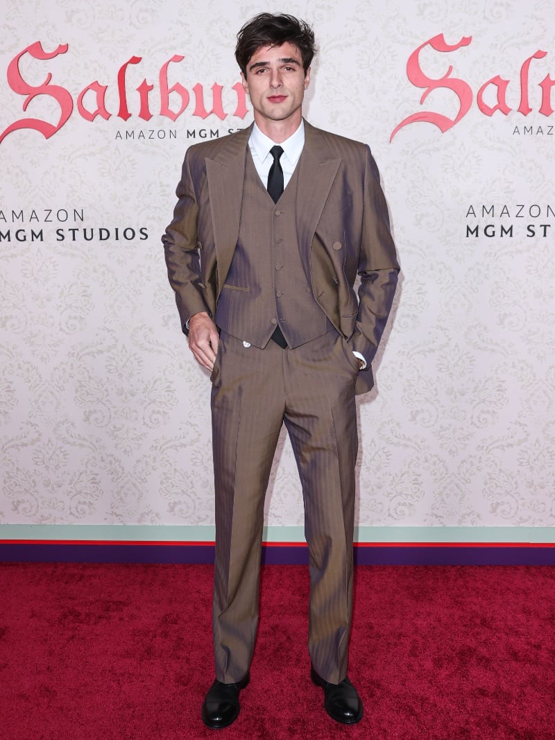 Jacob Elordi cuts a dashing figure in a Burberry ensemble at the Los Angeles premiere of Saltburn.