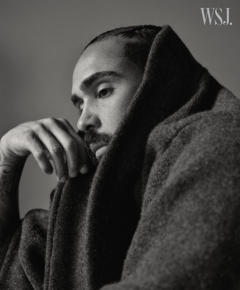 Sitting for a black-and-white portrait, Jerry Lorenzo appears in WSJ. Magazine.