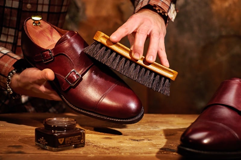 Leather Shoe Care Man Using Brush