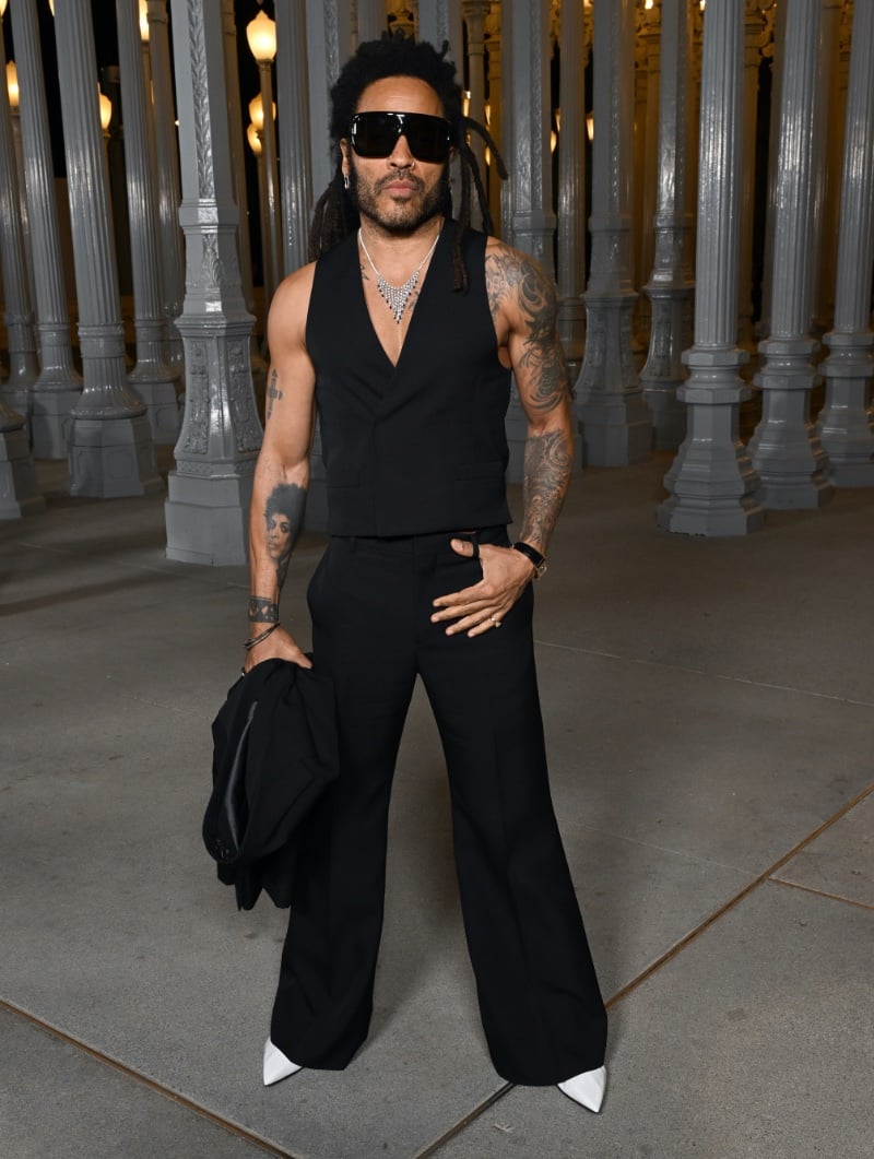Lenny Kravitz sports a black look from Gucci to the 2023 LACMA Art+Film Gala.