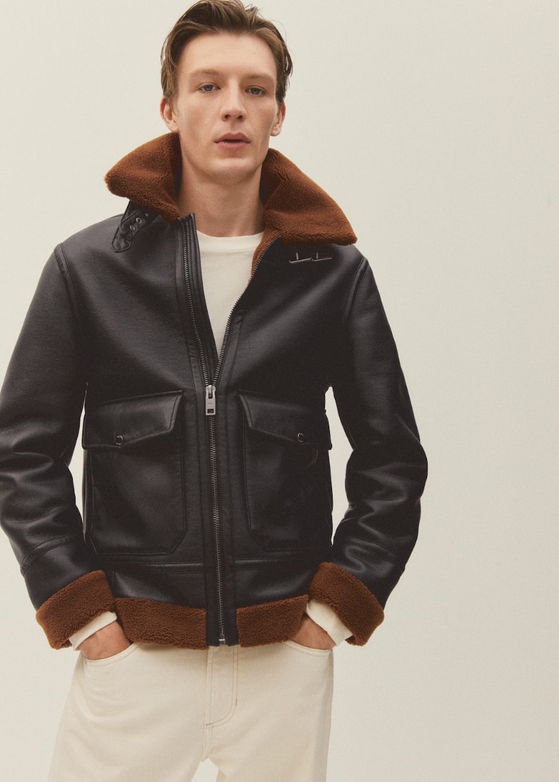 Making a rugged statement, Finnlay Davis wears a faux shearling-lined jacket. » Mango Showcases Autumn Elegance & Smart Layers Making a rugged statement, Finnlay Davis wears a faux shearling-lined jacket.