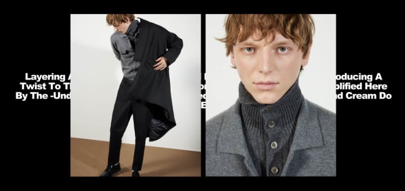 Igor Vojinovic's fluid motion complements the static poise of a grey and black layered outfit from Massimo Dutti.