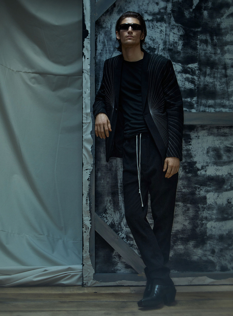 Model Justin Eric Martin sports a tailored Rick Owens outfit.