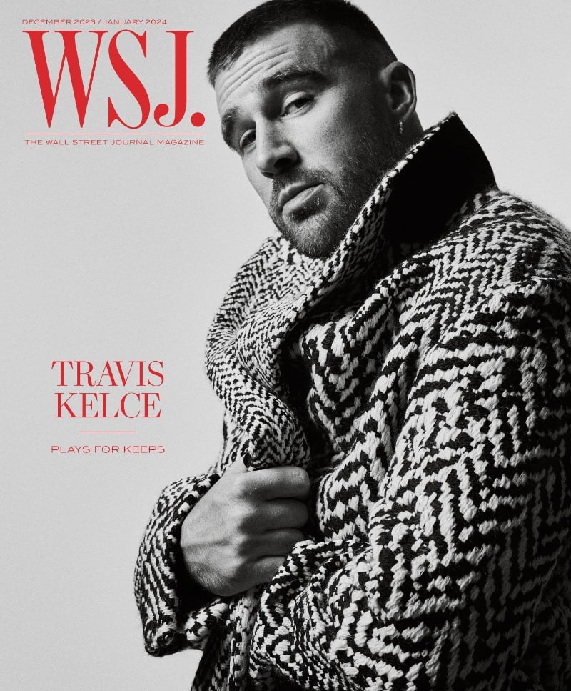 Travis Kelce poses in a herringbone coat for WSJ. Magazine's December 2023/January 2024 issue.