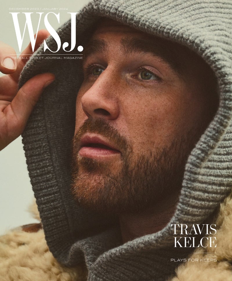 Travis Kelce exudes thoughtfulness, peering out beneath a cozy, textured hood for WSJ. Magazine's latest cover.