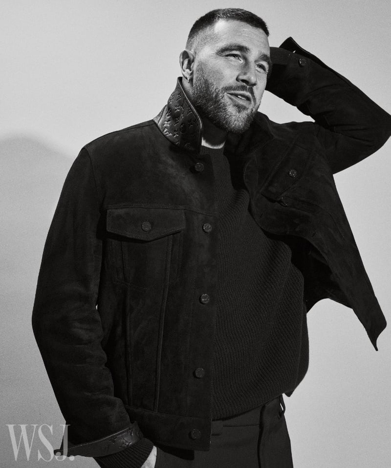Travis Kelce in a suede jacket and textured sweater for WSJ. Magazine.