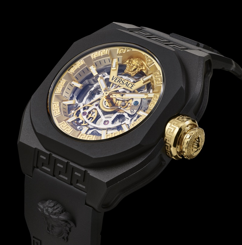 Black and gold make a powerful color combination for Versace's V-Legend Skeleton watch.