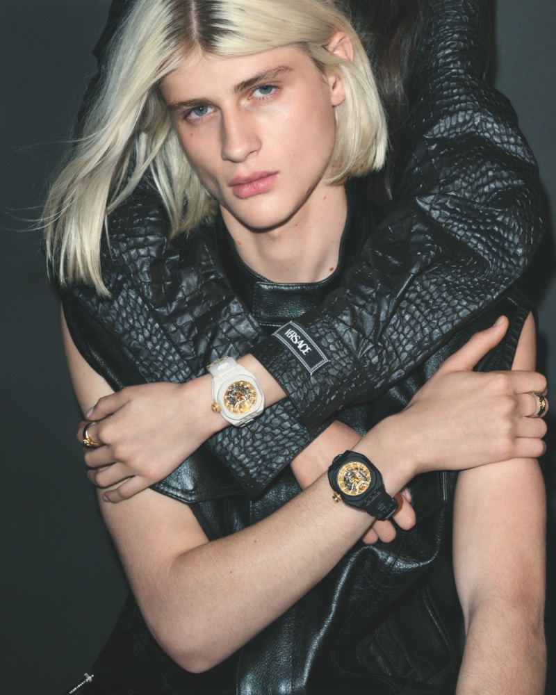 Kit Jones appears in the campaign for the Versace V-Legend Skeleton watch.