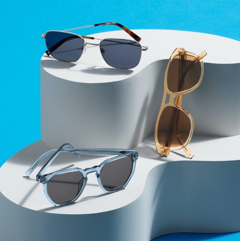 Shades take the spotlight with Warby Parker's Blount in Antique Silver, Ortega in Nutmeg Crystal, and Tobias in Laguna Crystal.