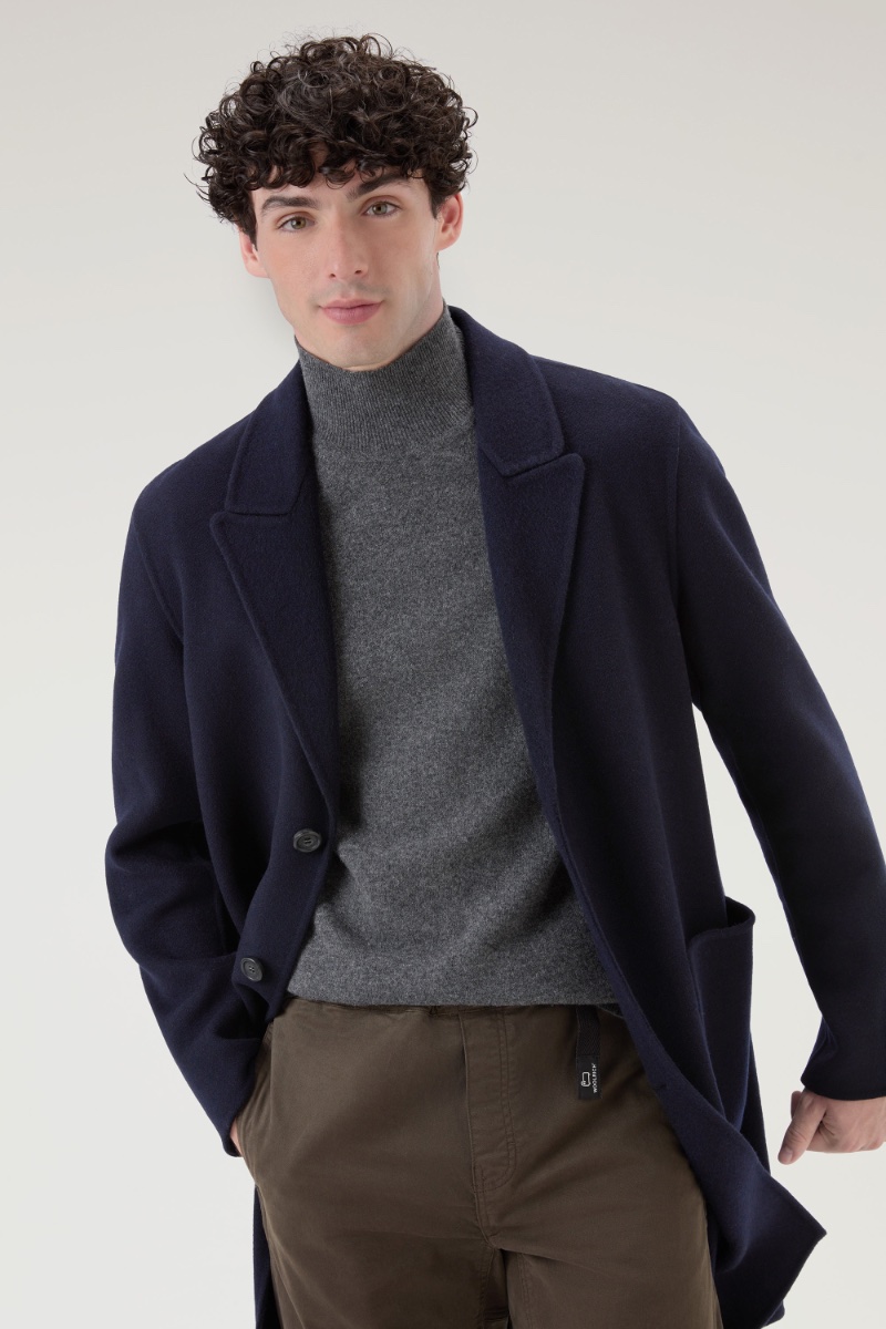 Woolrich Recycled Wool Blend Manteco Coat Melton Blue Men