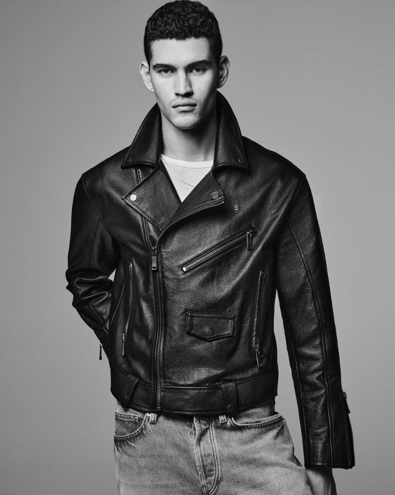 Bodhi Heeck models a biker jacket.