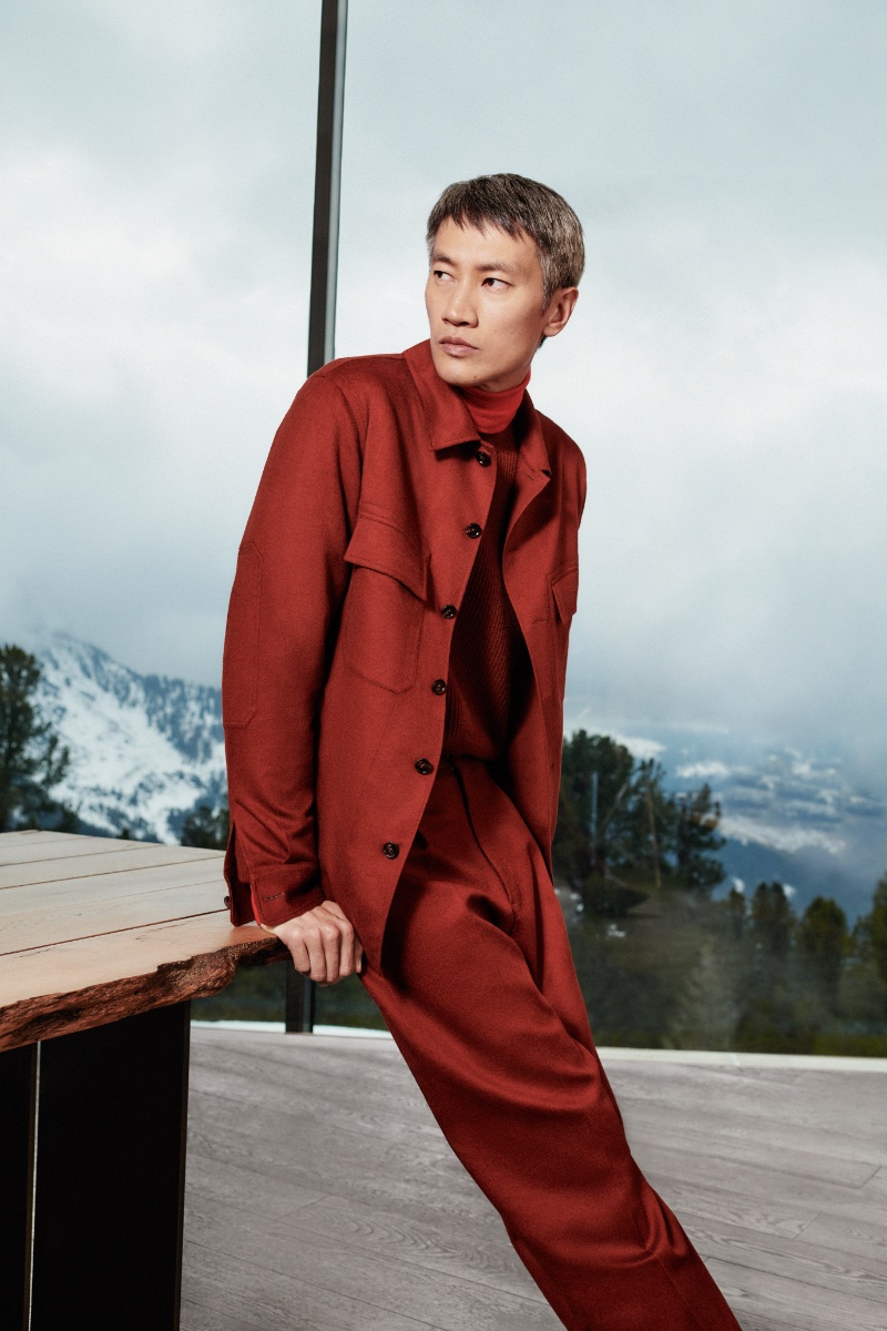 Embracing monochromatic style, Philip Huang wears a dark red Zegna ensemble for the brand's fall-winter 2023 campaign. » Zegna Embraces Nature's Grandeur with Outdoor Collection Embracing monochromatic style, Philip Huang wears a dark red Zegna ensemble for the brand's fall-winter 2023 campaign.