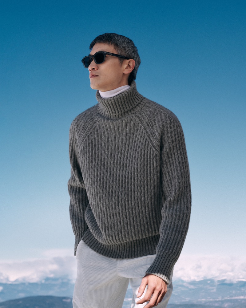 Philip Huang wears a grey mélange Oasi cashmere turtleneck by Zegna.