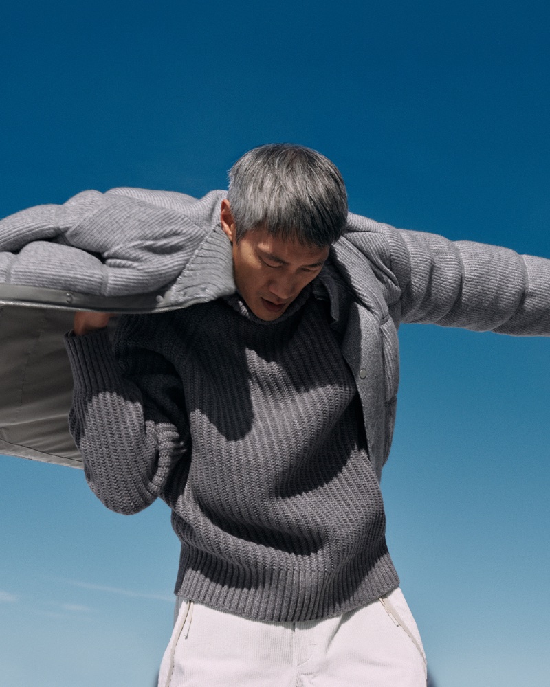 Model Philip Huang embraces shades of grey in a Zegna winter look.