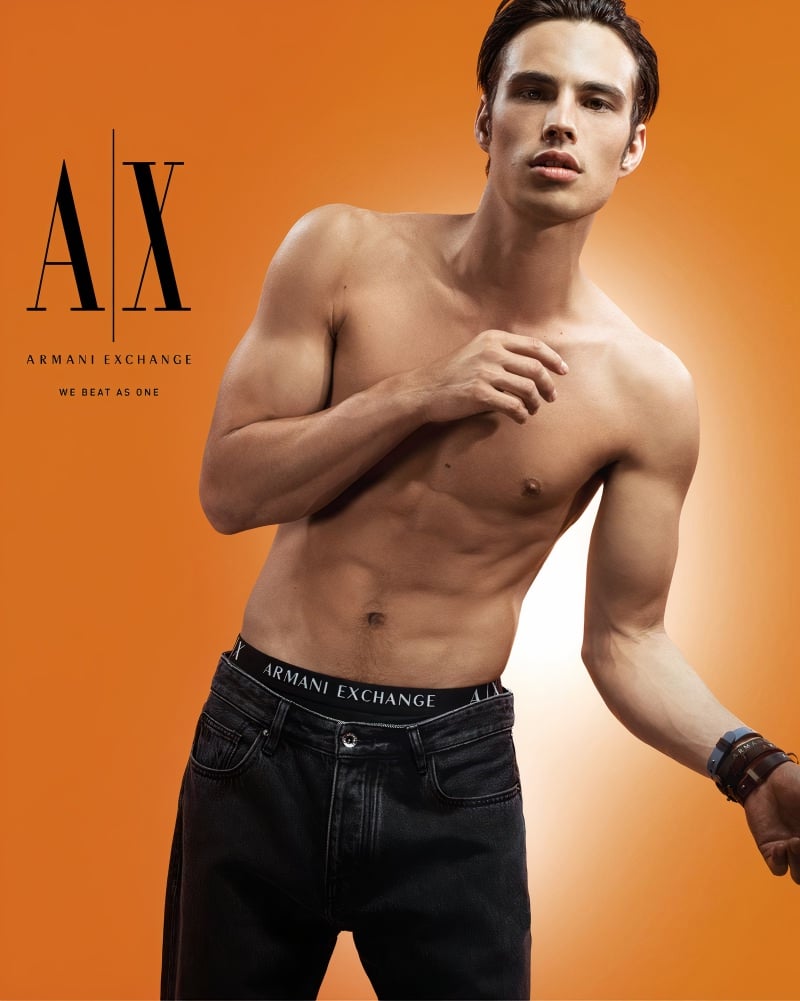 Louis Baines radiates confidence as the star of Armani Exchange's fall-winter 2023 campaign.