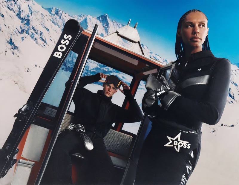 Models Timo Pan and Ronja Berg sport stylish ski wear from the BOSS x Perfect Moment collection.