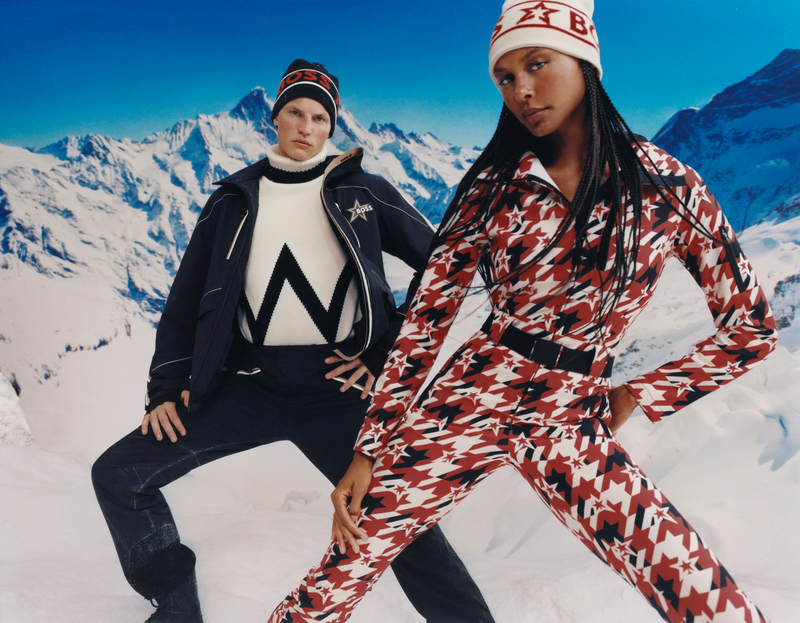 Timo Pan strikes a confident pose in a BOSS x Perfect Moment chevron-patterned sweater and ski jacket, while Ronja Berg showcases a dynamic stance in a red and white star-printed ski suit.