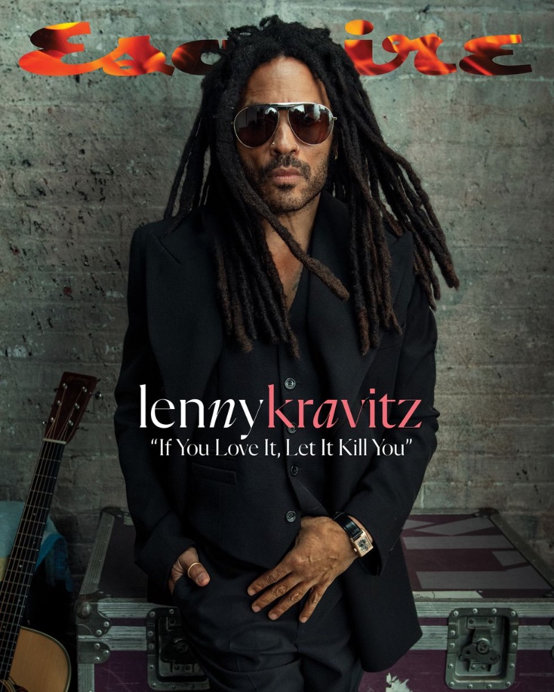 Lenny Kravitz sports a tailored Louis Vuitton outfit with a Jaeger-LeCoultre Reverso Tribute Tourbillon watch for the winter 2023 cover of Esquire.