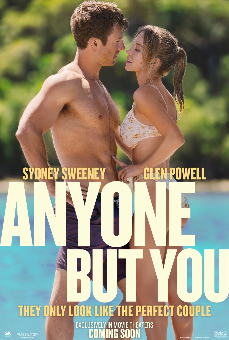 Anyone But You movie poster featuring Glen Powell and Sydney Sweeney.