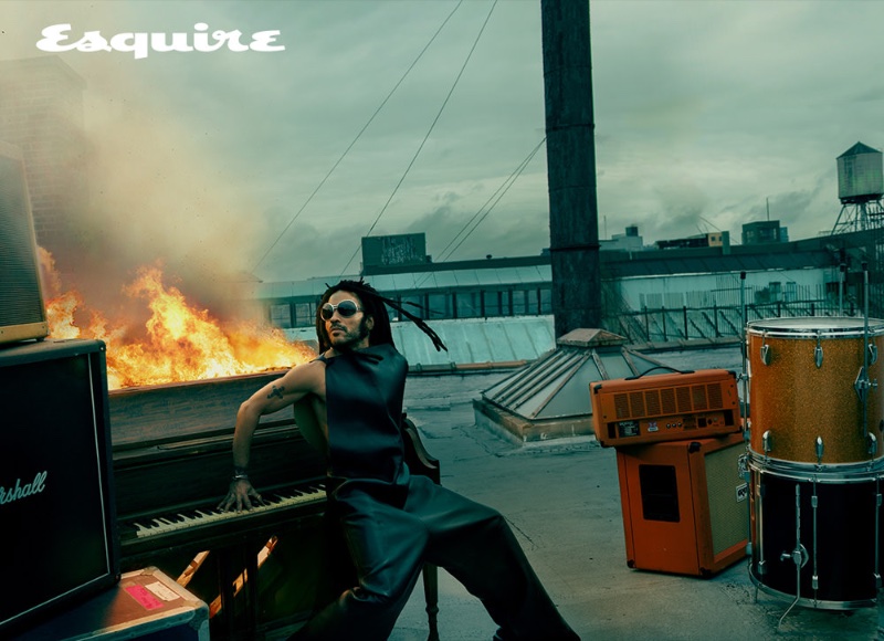 Lenny Kravitz rocks a leather jumpsuit by Loewe for Esquire magazine.