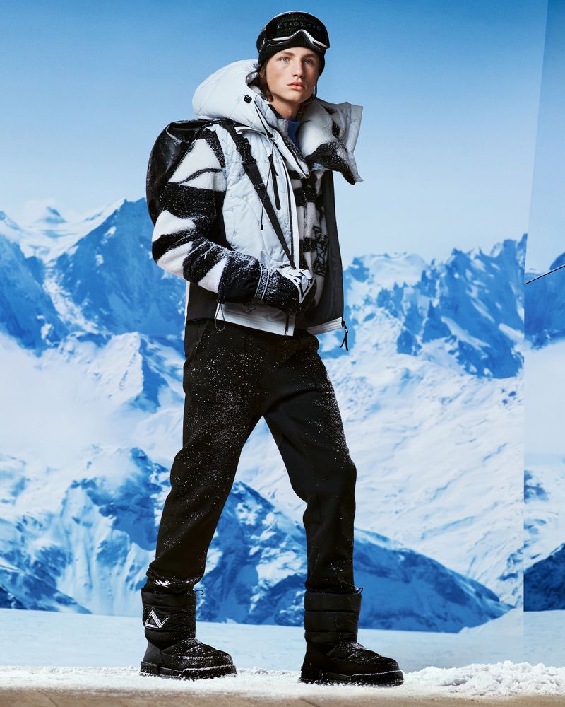 Model Indiana Van't Slot dons a monochromatic, luxury ski outfit by Louis Vuitton.
