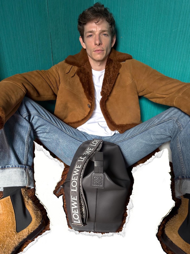 Mike Faist wears a shearling jacket and classic denim for Loewe's pre-spring 2024 campaign.