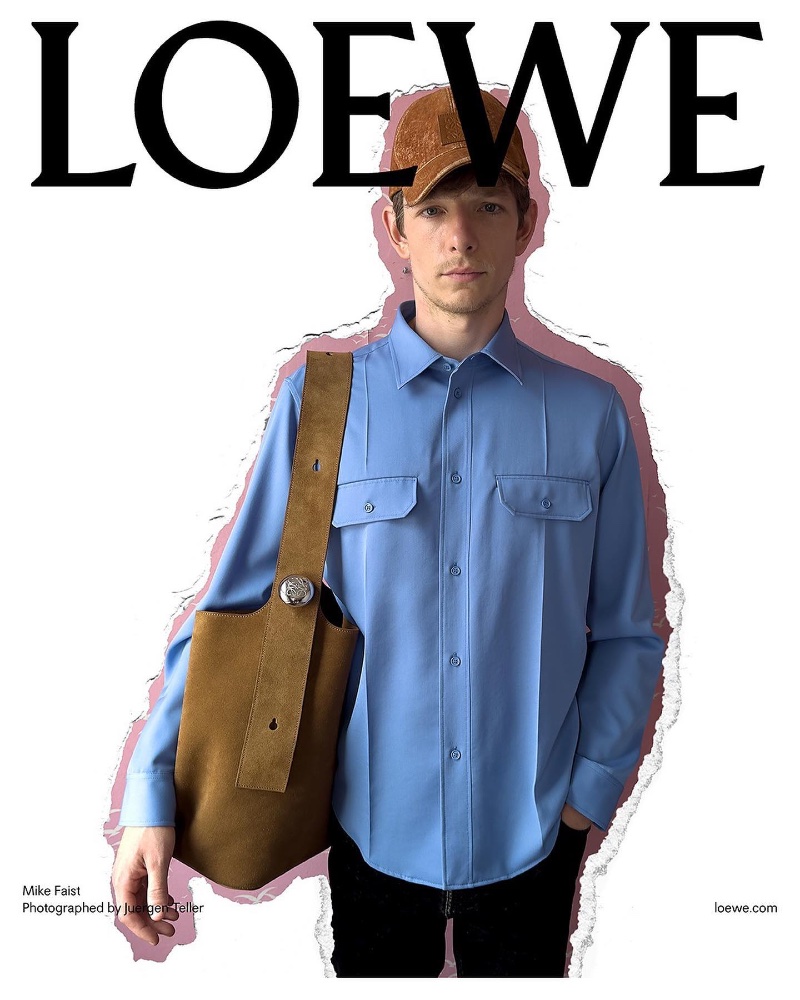 Mike Faist dons a designer cap and a two-pocket shirt with a contrasting suede bag for Loewe's pre-spring 2024 campaign.