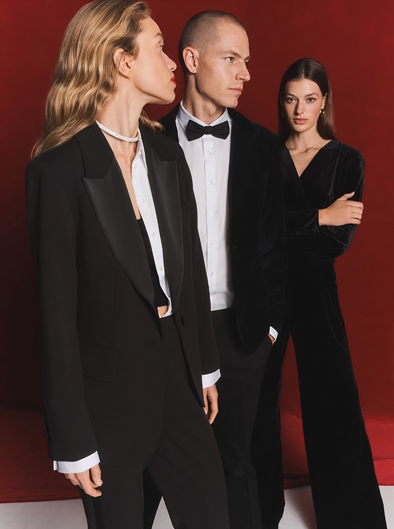 Sabine Glud, Jonas Kloch, and Karlijn Kusters wear formal attire for Reserved's holiday 2023 campaign.